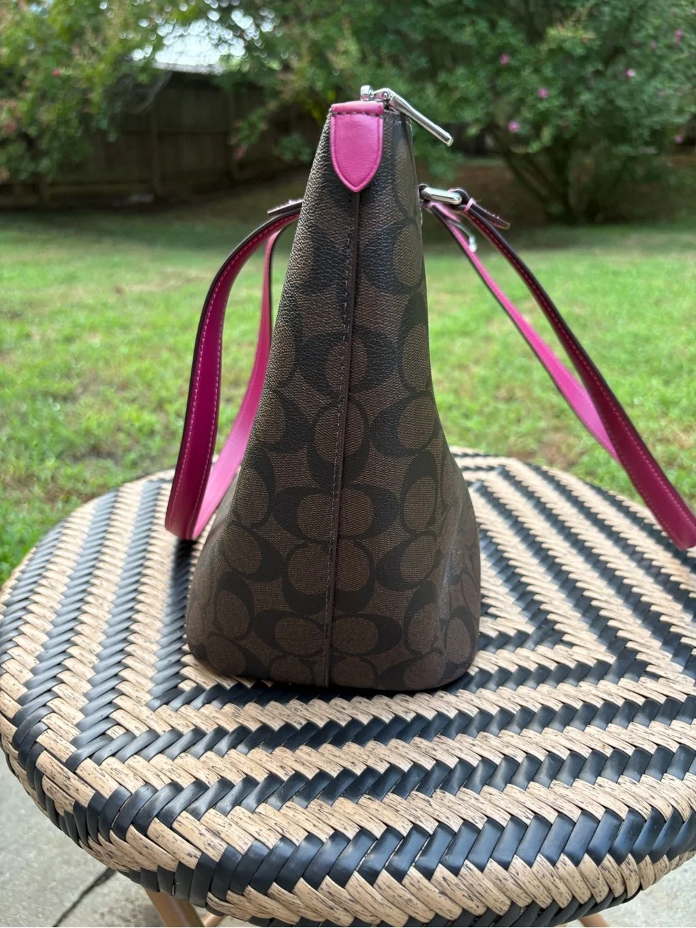 Coach Signature Logo Brown Pink Zip Top Tote Shoulder Bag Charm Silver Hardware
